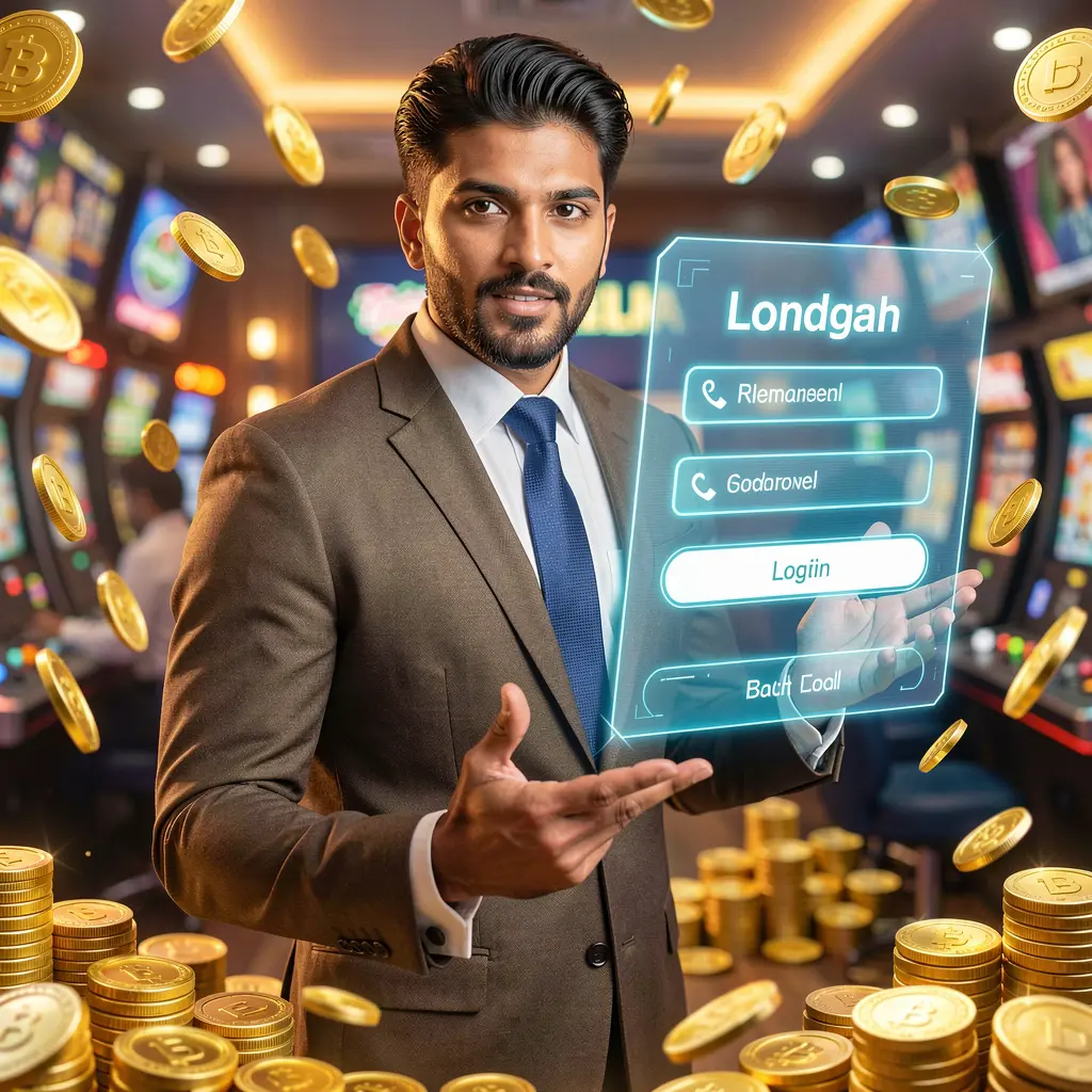 Confident Bangladeshi dealer welcoming players to the 24OK casino login experience with glowing lights and digital security visuals