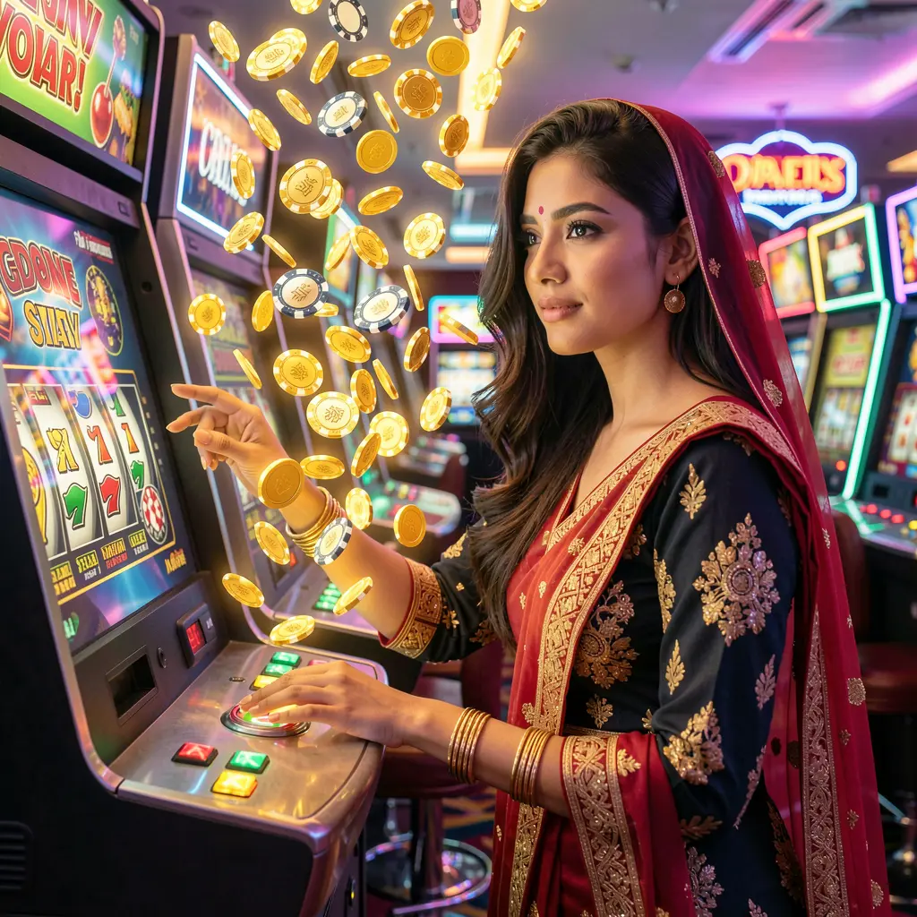 Stylish woman surrounded by flying coins while playing slot machines at 24OK Casino, capturing the thrilling casino atmosphere for players in Bangladesh